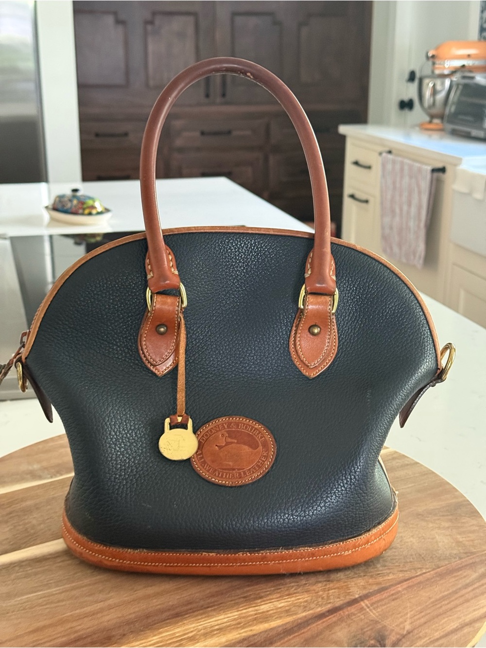 Dooney & Bourke Navy Pebbled Leather Satchel with Brown Trim